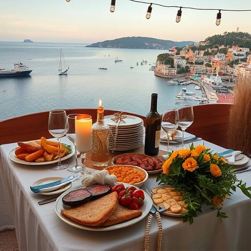 Vista de una mesa llena de platos tradicionales catalanes, incluyendo Pa amb tom&agrave;quet, Escalivada y Fideu&agrave;, con el mar Mediterr&aacute;neo de fondo
